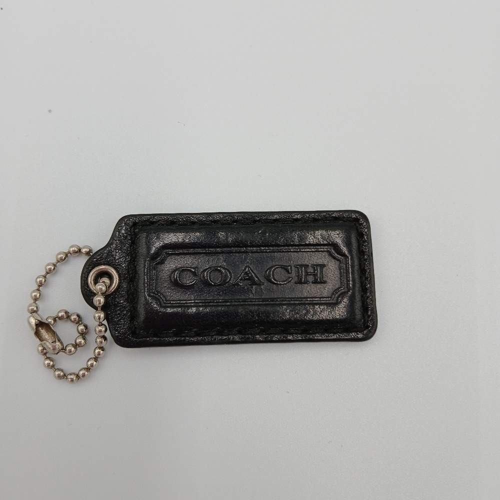 Coach Black Leather Tag Key Holder with Silver Ball Chain